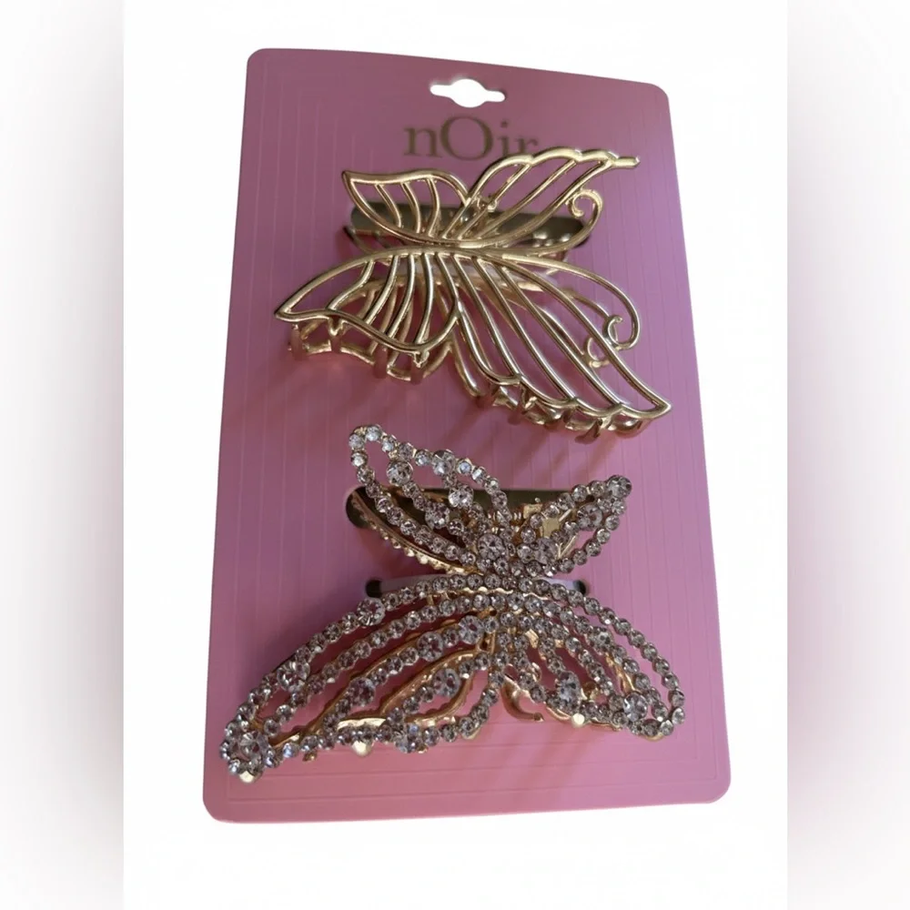 nOir Jewelry Butterfly Hair Claw Clips - Gold & Rhinestone Set of 2